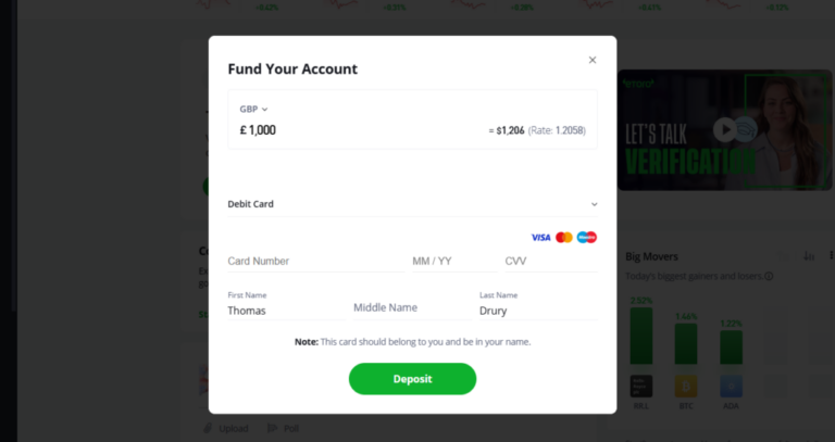 eToro deposit funds screen 2024 showing GBP to USD conversion and debit card payment form with Visa and Mastercard options