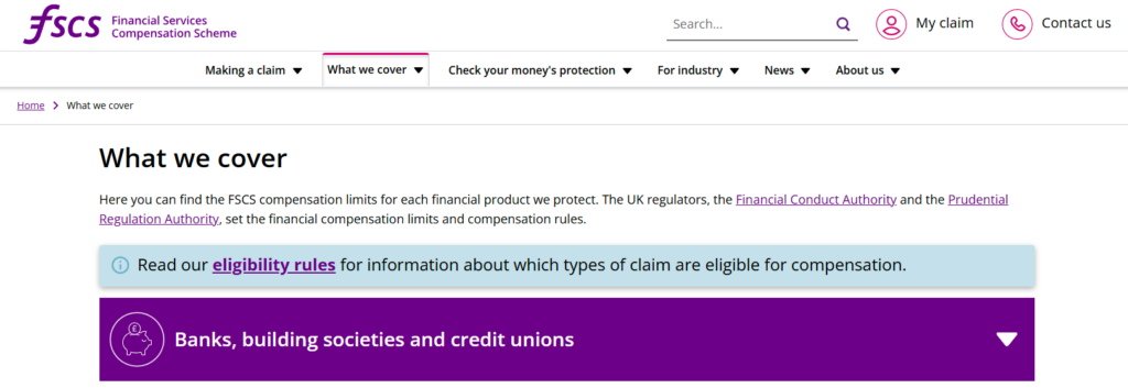 Screenshot of the FSCS ‘What We Cover’ webpage, showing eligibility information and compensation protection for UK savings accounts including banks, building societies, and credit unions, regulated by the FCA and Prudential Regulation Authority.
