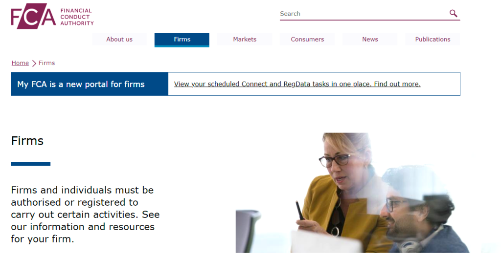 Screenshot of the FCA Firms page showing guidance for authorisation and registration, with an image of professionals reviewing compliance information on the Financial Conduct Authority portal