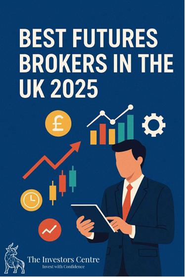 Cover image for Best Futures Brokers in the UK 2025 by The Investors Centre, featuring a businessman analysing charts on a tablet, surrounded by financial icons like candlestick patterns, pound symbol, and market graphs on a dark blue background.