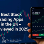 Hand holding smartphone displaying a stock trading app with rising chart, candlestick graph in background, and text "7 Best Stock Trading Apps in the UK – Reviewed in 2025" overlayed, branded with The Investors Centre logo.