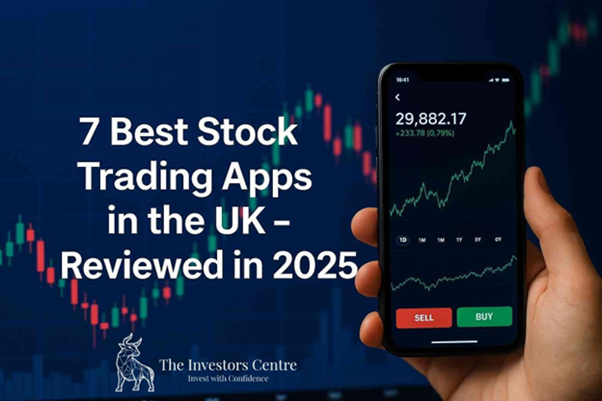 Hand holding smartphone displaying a stock trading app with rising chart, candlestick graph in background, and text "7 Best Stock Trading Apps in the UK – Reviewed in 2025" overlayed, branded with The Investors Centre logo.