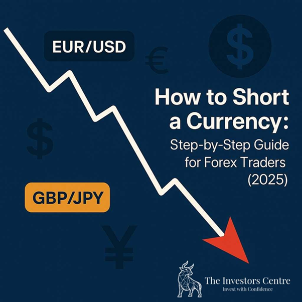 Modern abstract graphic showing a downward forex trend with EUR/USD and GBP/JPY pairs, featuring the title 'How to Short a Currency: Step-by-Step Guide for Forex Traders (2025)' and branded by The Investors Centre.