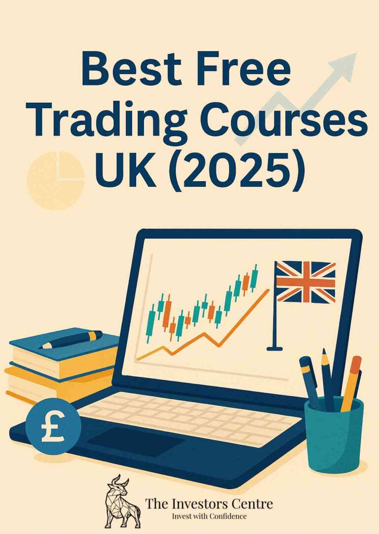 Illustration of a laptop displaying a stock chart with a UK flag, books, pound symbol, and stationery, promoting “Best Free Trading Courses UK (2025)” by The Investors Centre.