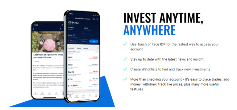 Hargreaves Lansdown mobile app features shown with portfolio view and news updates, promoting anytime, anywhere investing with tools like Face ID login, watchlists, live prices, and easy trading.