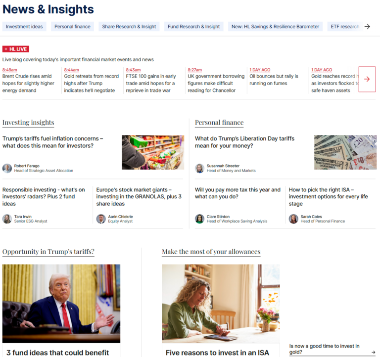 Hargreaves Lansdown News & Insights section featuring live market updates, investment ideas, personal finance tips, and expert analysis on ISAs, tariffs, ESG funds, and UK tax planning.