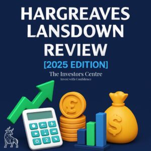 Hargreaves Lansdown Review 2025 edition cover featuring financial icons like a calculator, pound coins, investment chart, and money bag, created by The Investors Centre.