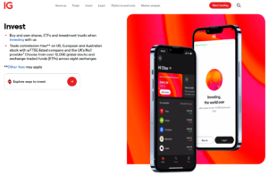 IG trading app interface showing real-time stock watchlist and investment account balance, promoting commission-free investing in over 12,000 global stocks and ETFs.