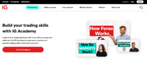 IG Academy homepage showcasing free online trading courses and webinars with video thumbnails on forex, markets, and short selling in 2025