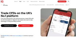 IG trading app interface on smartphone showing CFD trading screen for EUR/USD with buy and sell options, promoting UK's No.1 CFD platform with live and demo account options.