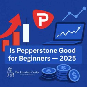 Digital illustration featuring the Pepperstone logo, financial growth charts, candlestick patterns, and the title 'Is Pepperstone Good for Beginners — 2025,' highlighting beginner trading support and investment themes.