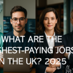 Professionals in the UK’s top-paying jobs of 2025, including a surgeon, tech expert, lawyer, and executive, with bold headline text 'What Are the Highest-Paying Jobs in the UK? 2025' overlaid on the image.