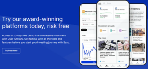 Saxo Bank trading platform demo promotion showcasing mobile app interface with investment tools, stock charts, market news, and a free 20-day simulated trading offer.