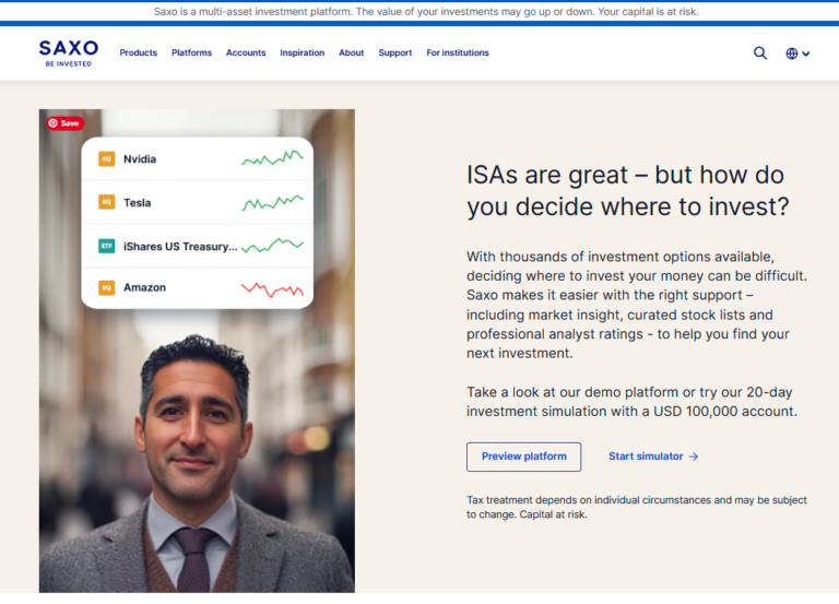 Man standing in front of Saxo platform interface showing stock trends for Nvidia, Tesla, iShares US Treasury, and Amazon, with ISA investment guidance text.