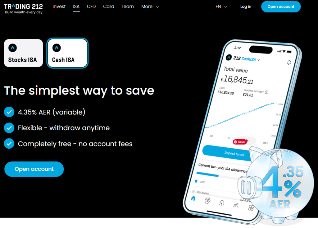 Trading 212 Cash ISA interface showing 4.35% AER, offering flexible withdrawals at anytime, and no account fees, with mobile app dashboard and a semi-transparent piggy bank graphic.