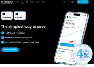Trading 212 Cash ISA interface showing 4.35% AER, flexible withdrawals, and no account fees, with mobile app dashboard and piggy bank graphic highlighting tax-free savings benefits in 2025.