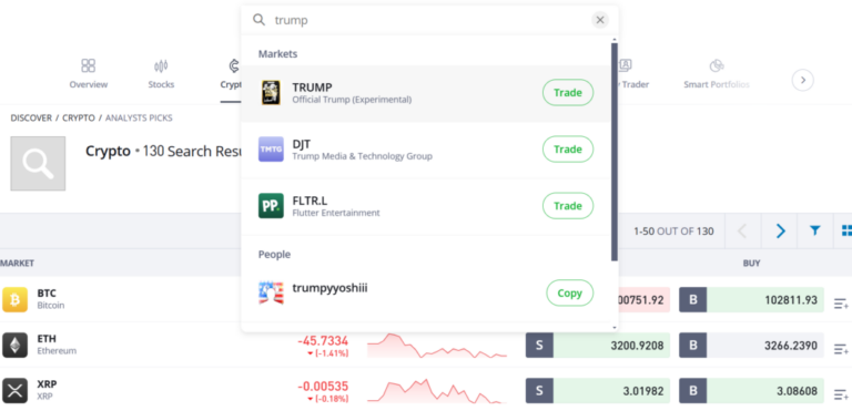 eToro search results for Trump Coin showing TRUMP crypto token, DJT stock, and related trading options in 2024