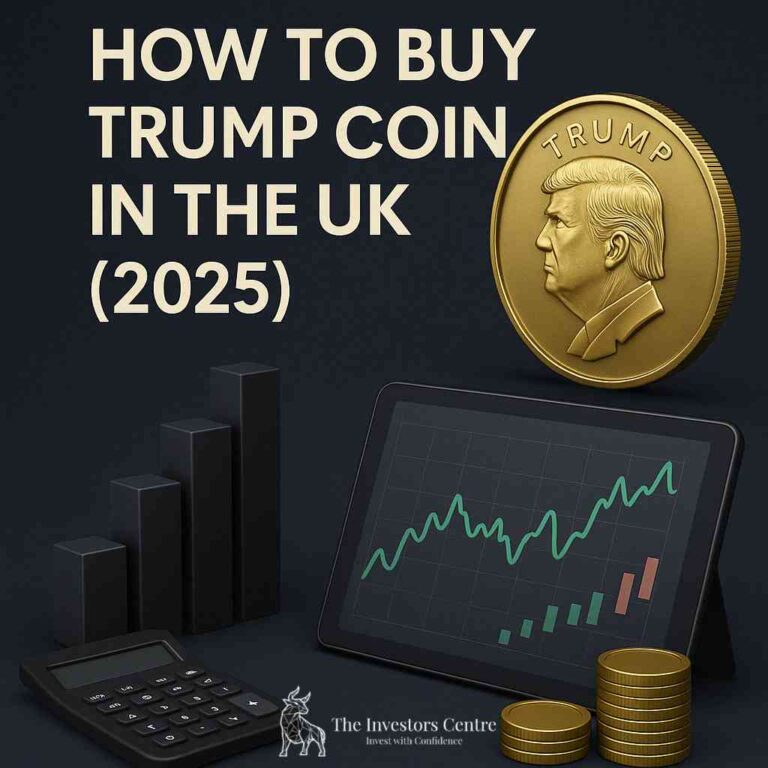 D graphic of How to Buy Trump Coin in the UK (2025) featuring a gold Trump Coin, tablet with candlestick chart, stacked coins, and financial icons on a dark background