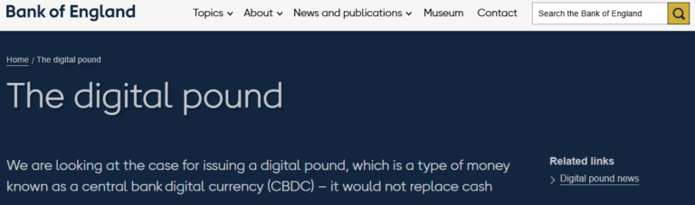 Bank of England digital pound webpage discussing the potential launch of a UK central bank digital currency (CBDC) alongside traditional cash – 2025