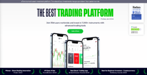 eToro trading platform homepage 2024 showcasing mobile app interface, Trustpilot reviews, and awards for best trading app and ease of use
