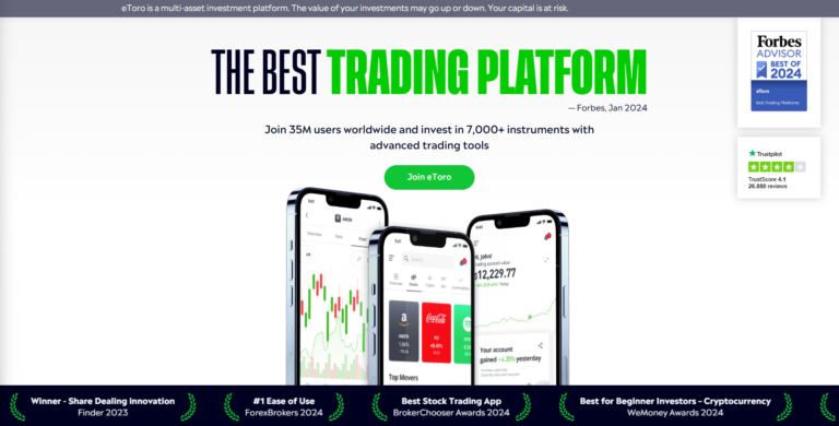 eToro trading platform homepage 2024 showcasing mobile app interface, Trustpilot reviews, and awards for best trading app and ease of use