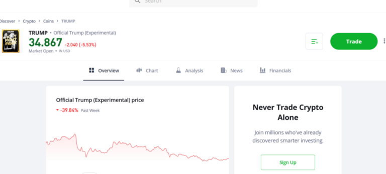 eToro TRUMP Coin page 2024 showing official Trump experimental crypto token price chart, market data, and trade button