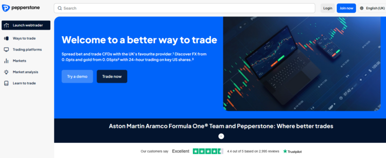 Pepperstone homepage showcasing CFD trading platform with demo account option, live trading access, and Trustpilot customer reviews in 2025