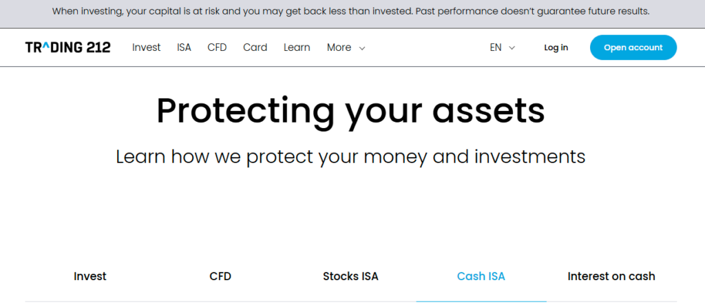 Screenshot of Trading 212’s ‘Protecting Your Assets’ page, highlighting how the platform safeguards user funds across Invest, CFD, Stocks ISA, and Cash ISA accounts.