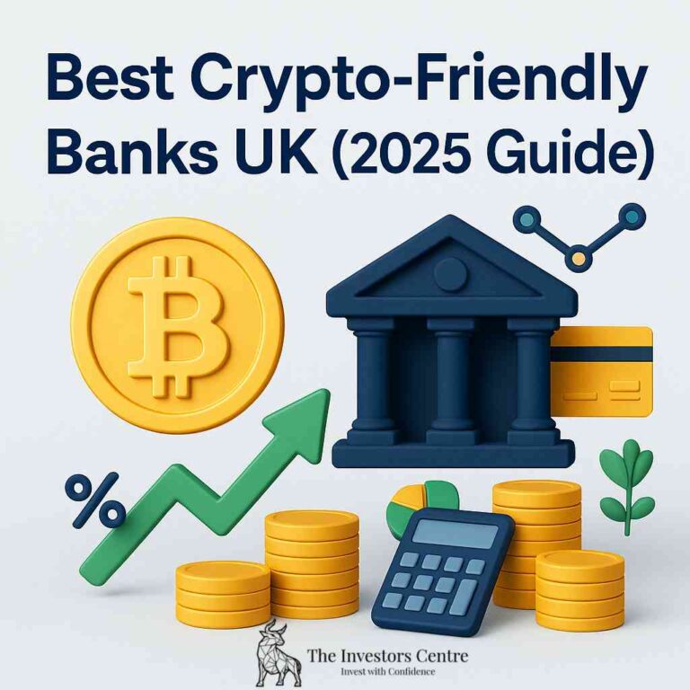 Illustration of crypto-friendly banks in the UK featuring Bitcoin symbol, traditional bank icon, rising green arrow, and gold coins – 2025 guide by The Investors Centre