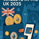 Illustration of best crypto wallets in the UK for 2025 featuring Bitcoin and Ethereum symbols, UK flag, Big Ben, and digital wallet icons – ideal for cryptocurrency storage and investment content by The Investors Centre.