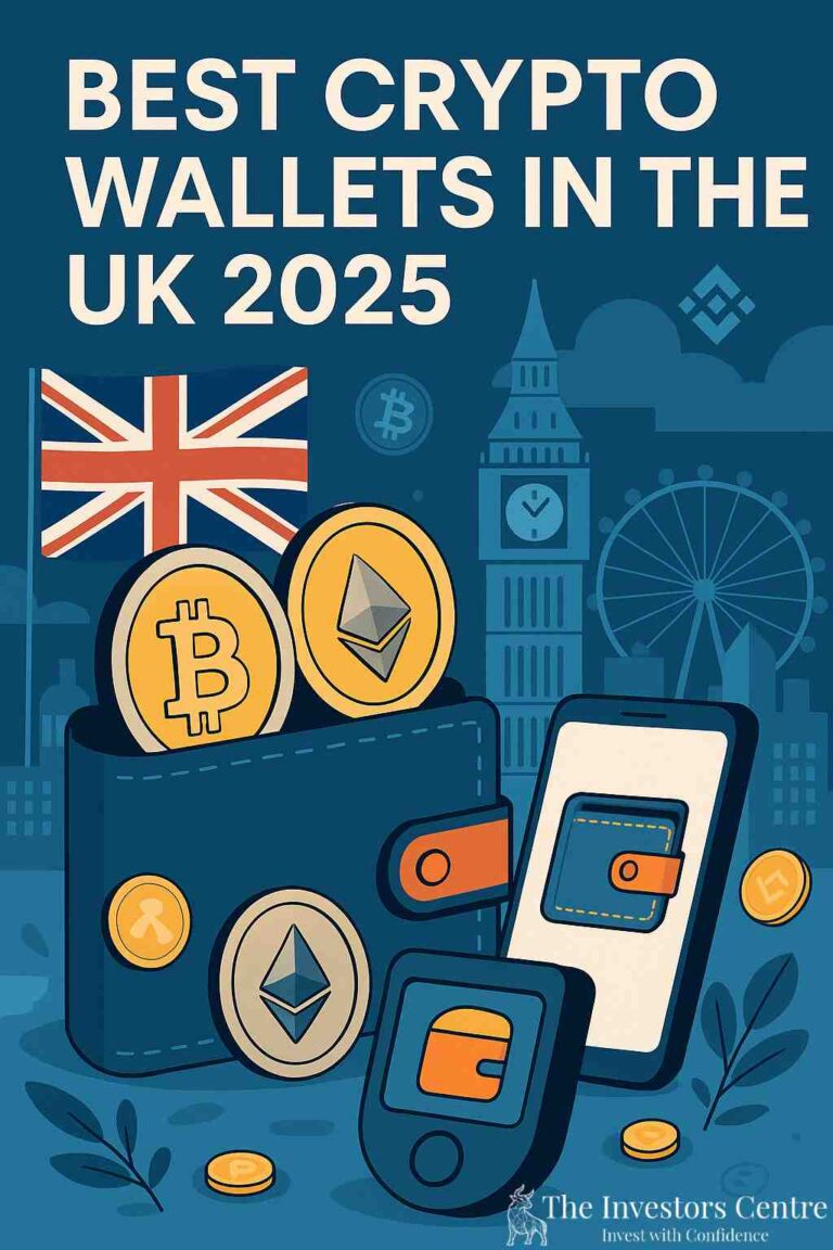 Illustration of best crypto wallets in the UK for 2025 featuring Bitcoin and Ethereum symbols, UK flag, Big Ben, and digital wallet icons – ideal for cryptocurrency storage and investment content by The Investors Centre.