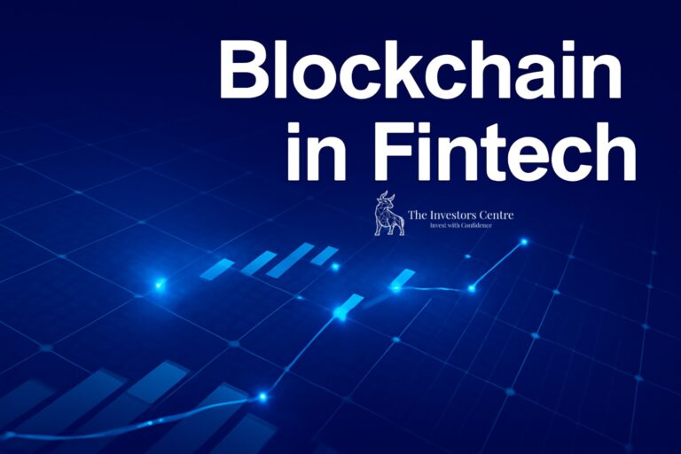 Blockchain in FinTech featured image showing glowing digital bar and line charts, symbolising blockchain integration in financial technology, with The Investors Centre branding