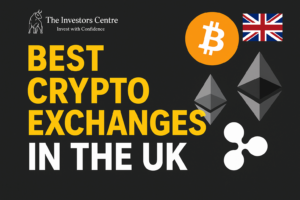 Graphic banner displaying 'Best Crypto Exchanges in the UK' with crypto icons and UK flag, representing trusted platforms for British traders.