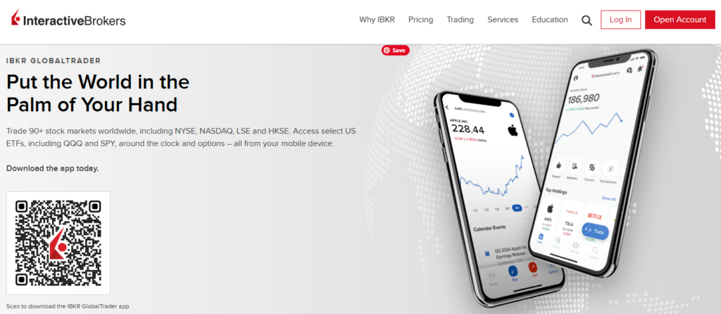 Interactive Brokers GlobalTrader app interface displayed on smartphones with trading charts and stock market data, promoting access to global exchanges like NYSE, NASDAQ, and LSE – download link via QR code.