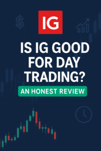 IG Review UK 14 Clean promotional graphic with IG logo and candlestick chart asking 'Is IG good for day trading?' with an honest review banner