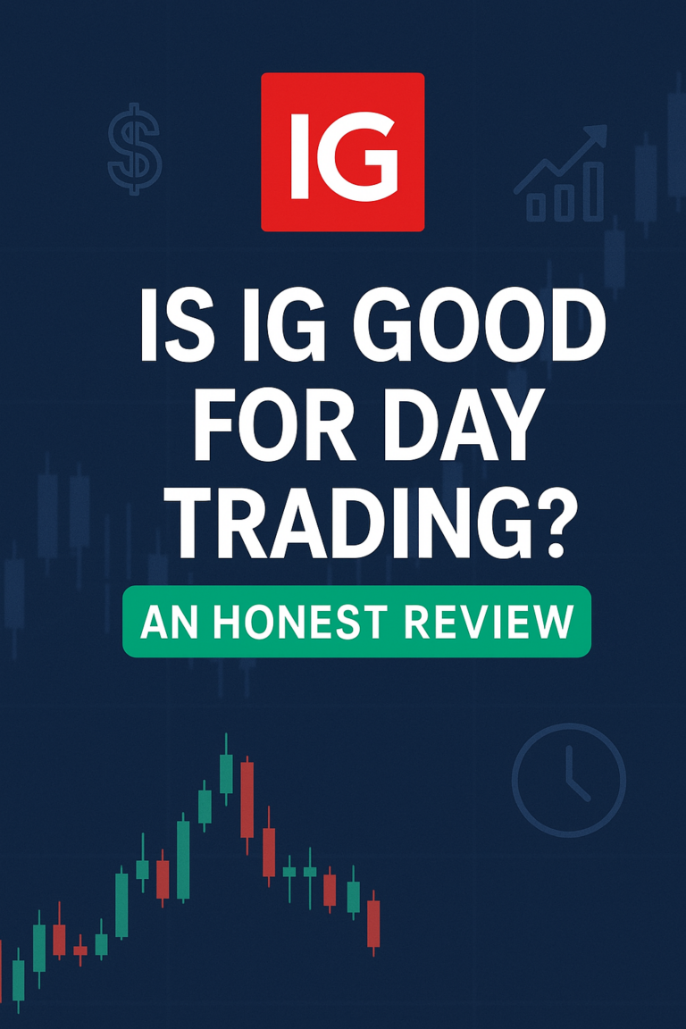 Clean promotional graphic with IG logo and candlestick chart asking 'Is IG good for day trading?' with an honest review banner