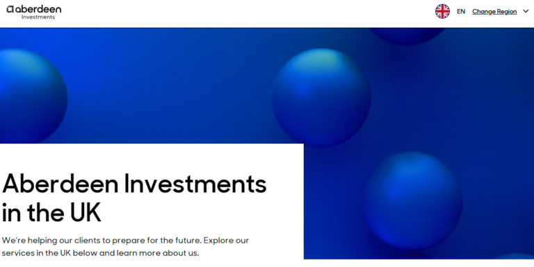 Aberdeen Investments UK homepage featuring blue gradient spheres with modern branding and client-focused messaging about future investment services.