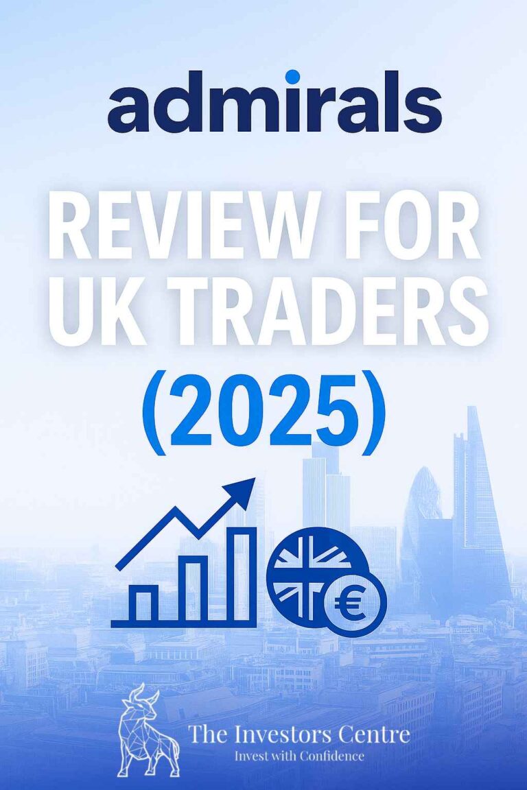 Admirals 2025 review for UK traders banner featuring the Admirals logo, financial icons including a chart and currency symbols, and the London skyline, created by The Investors Centre