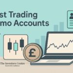 Illustration promoting the best trading demo accounts in the UK, featuring a laptop with a rising stock chart, candlestick icons, a pound coin symbol, and account profile graphic by The Investors Centre.
