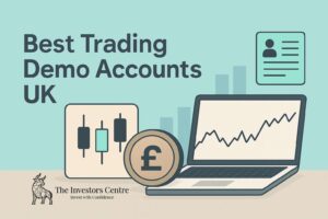 Illustration promoting the best trading demo accounts in the UK, featuring a laptop with a rising stock chart, candlestick icons, a pound coin symbol, and account profile graphic by The Investors Centre.