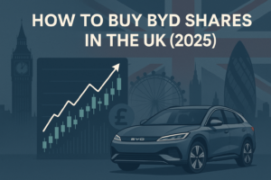 Illustration of BYD electric car with UK landmarks, stock market chart, and pound symbol representing how to buy BYD shares in the UK in 2025