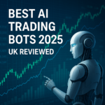 Futuristic humanoid robot analyzing stock market charts with text overlay "Best AI Trading Bots 2025 UK Reviewed"