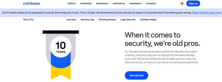 Coinbase security overview page highlighting 10 years of trusted service in the crypto industry with a commitment to protecting user portfolios.