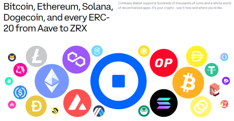 Coinbase Wallet supported cryptocurrencies including Bitcoin, Ethereum, Solana, Dogecoin, Polygon, and ERC-20 tokens like Aave and ZRX with colorful crypto icons displayed