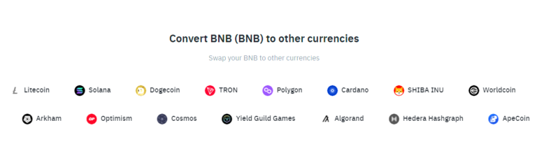 Cryptocurrency conversion interface showing BNB swap options to top altcoins like Litecoin, Solana, Dogecoin, TRON, Polygon, Cardano, SHIBA INU, Worldcoin, and more on a crypto exchange platform