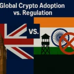 Visual comparison of global crypto adoption vs regulation featuring London’s GFO-X and India’s Jammu & Kashmir, with Big Ben and India's flag split by “vs.” text