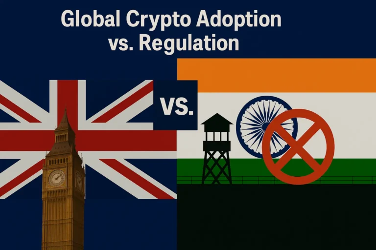 Visual comparison of global crypto adoption vs regulation featuring London’s GFO-X and India’s Jammu & Kashmir, with Big Ben and India's flag split by “vs.” text