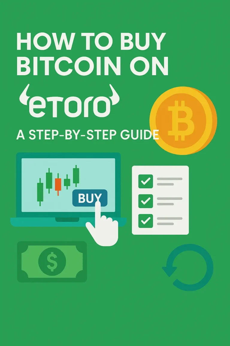 Step-by-step guide on how to buy Bitcoin on eToro platform illustrated with charts, Bitcoin coin, checklist, and buy button