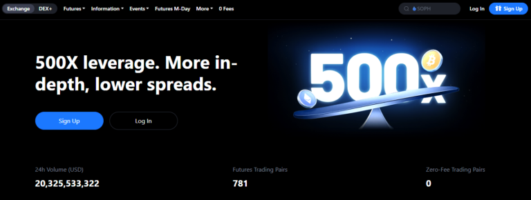 MEXC futures trading interface highlighting 500x leverage, lower spreads, and over 780 futures trading pairs with a 24-hour volume exceeding $20 billion in 2025.