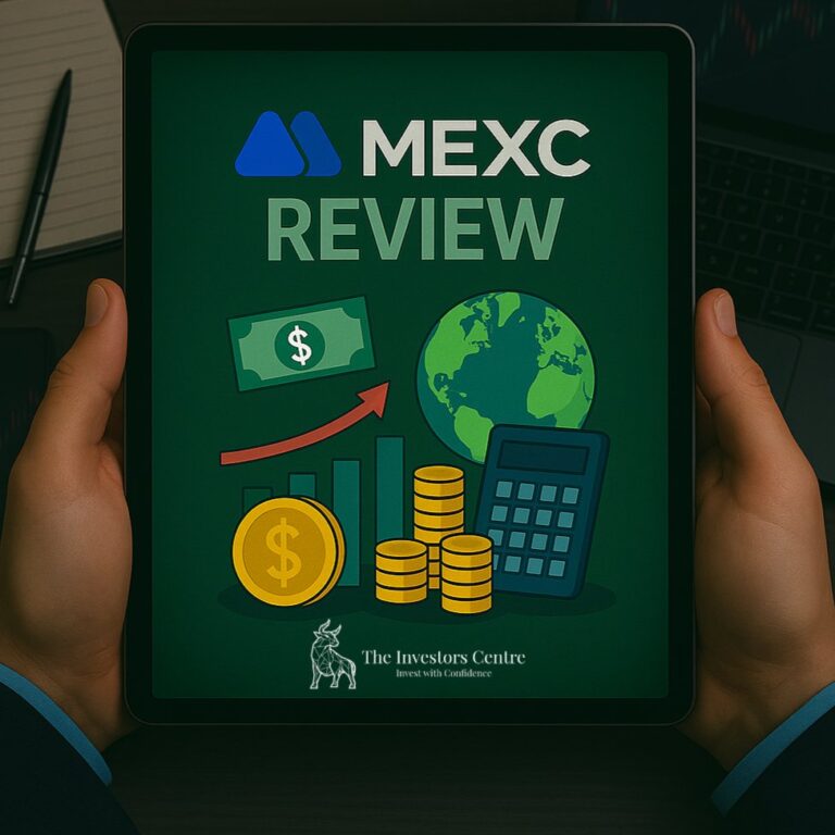 Professional hands holding a tablet displaying "MEXC Review" with financial graphics, MEXC logo, and The Investors Centre branding, surrounded by trading tools like a laptop and notebook on a dark desk.